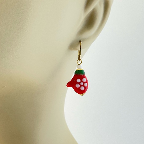 New Red Mitten Earrings, Handmade, Lamp Work Glass, Winter, Christmas Earrings - Picture 2 of 9